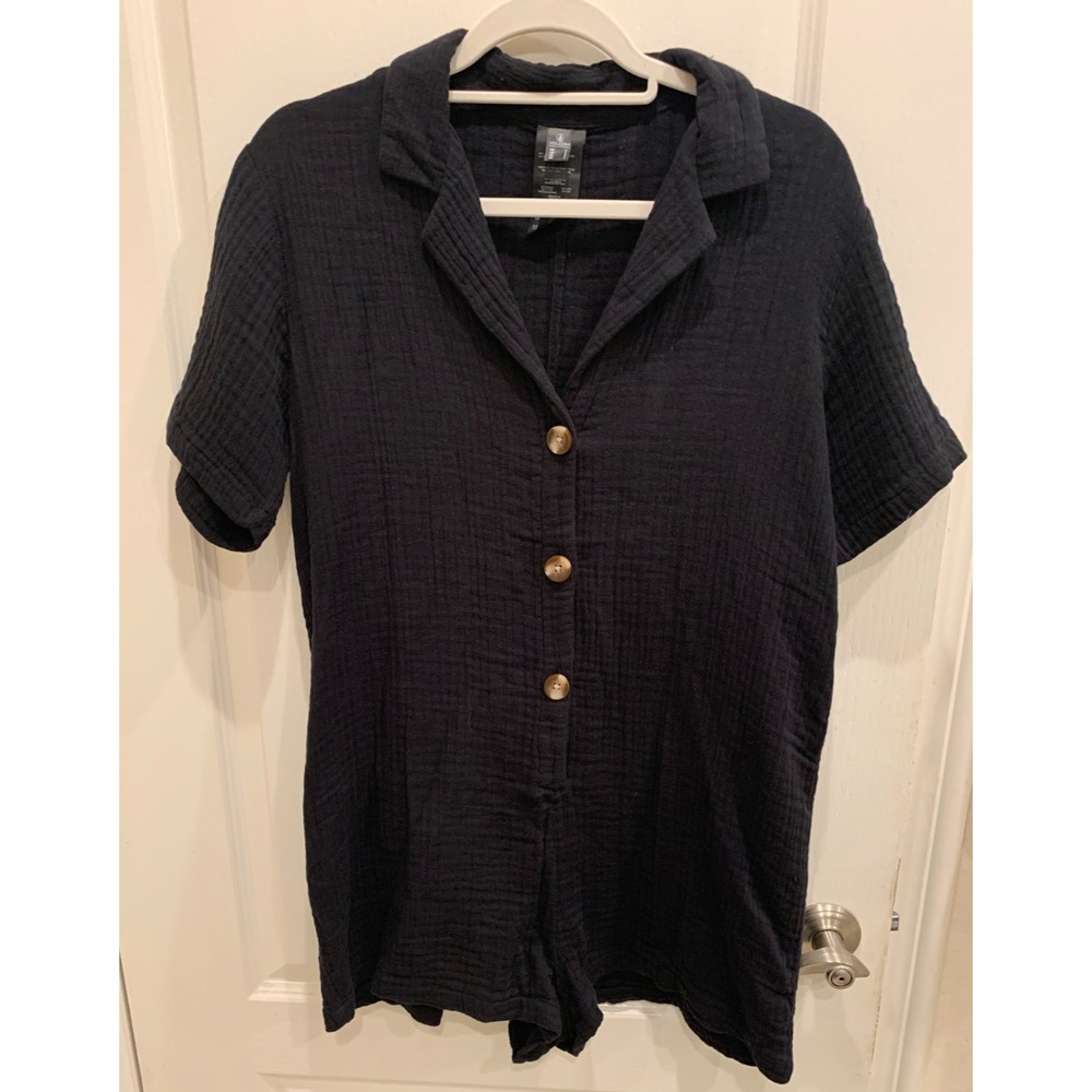 Volcom Black Gauze Fabric Button Down Romper Sz M